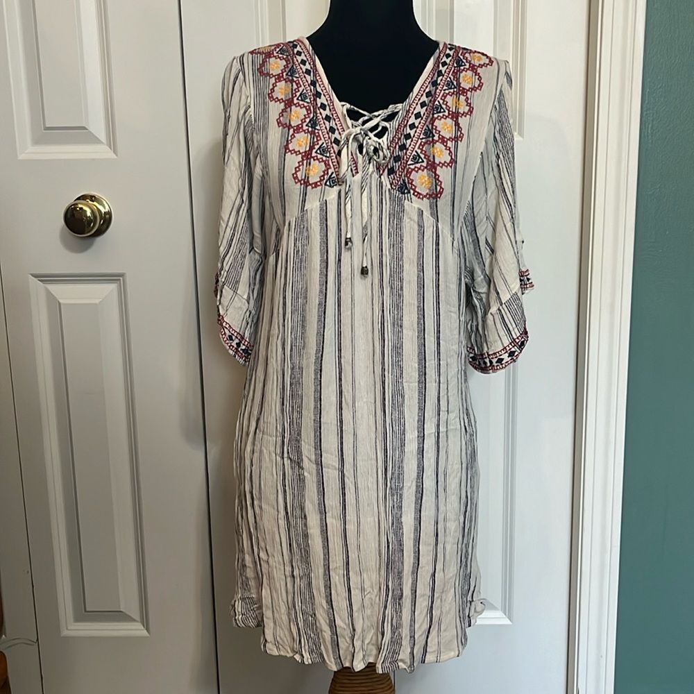 Artesian Bohemian Aztec Bell Sleeve Colorful Embroidered Striped Mini Dress S